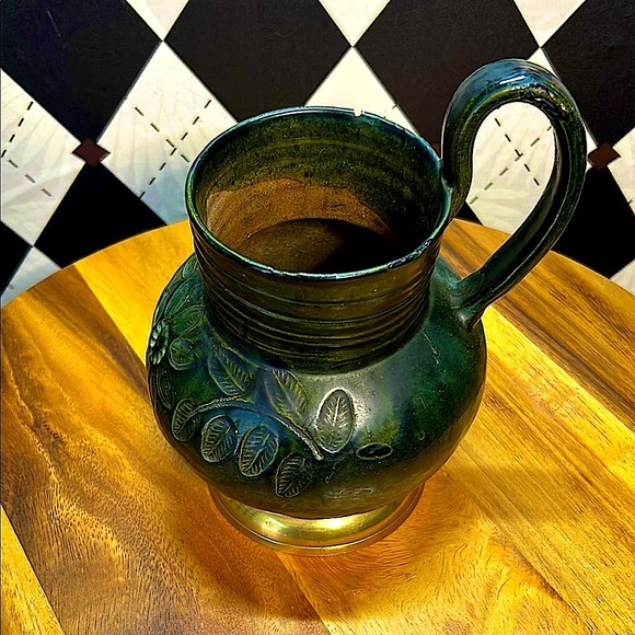 Vintage Mexican Folk Pottery Chocolate Jug – Green Glaze Floral Motif Handmade - Picture 6 of 17